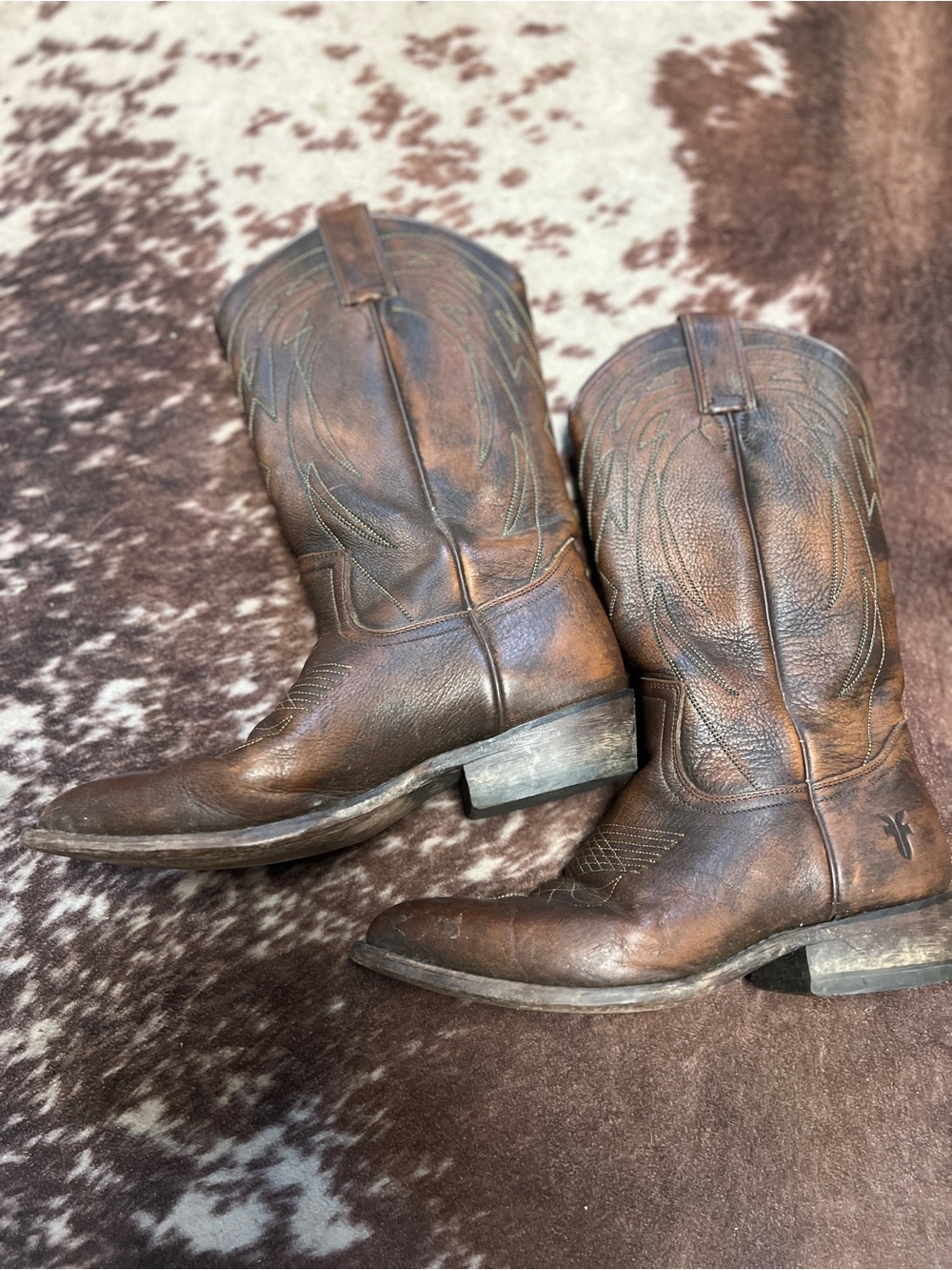 Frye Distressed Brown Leather Cowboy Boots